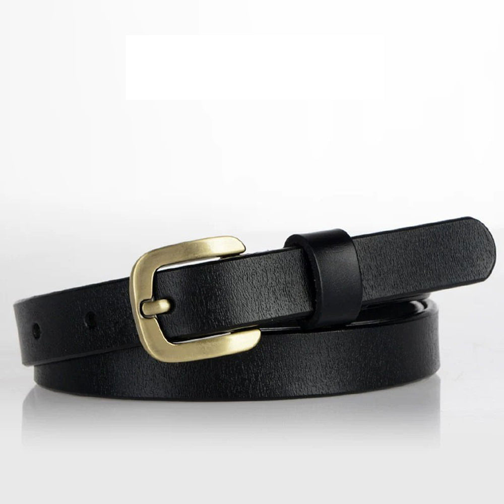 V462-FB-75-01-96532-00 New Women's Belt Luxury Genuine Leather Belts For Women Female Gold Pin Buckle (Black) - Image 1