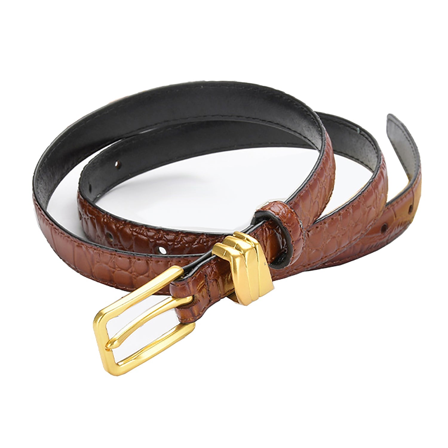 V462-FB-93-02-97374-00 Genuine leather with Crocodile pattern pin buckle thin belt jeans belt for women (Dark Brown) - Image 1