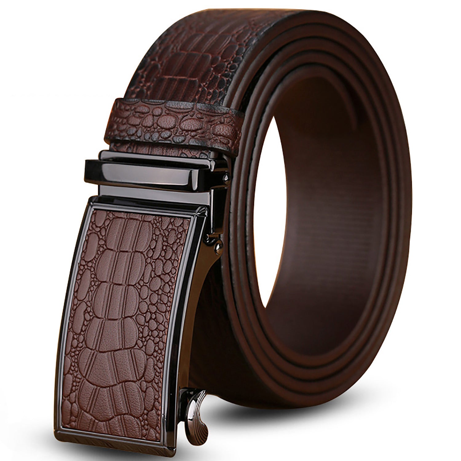 V462-FB-96-02-97363-00 Genuine Cowhide Embossed with Crocodile Pattern Belt Luxury Business Automatic Belts (Brown) - Image 1