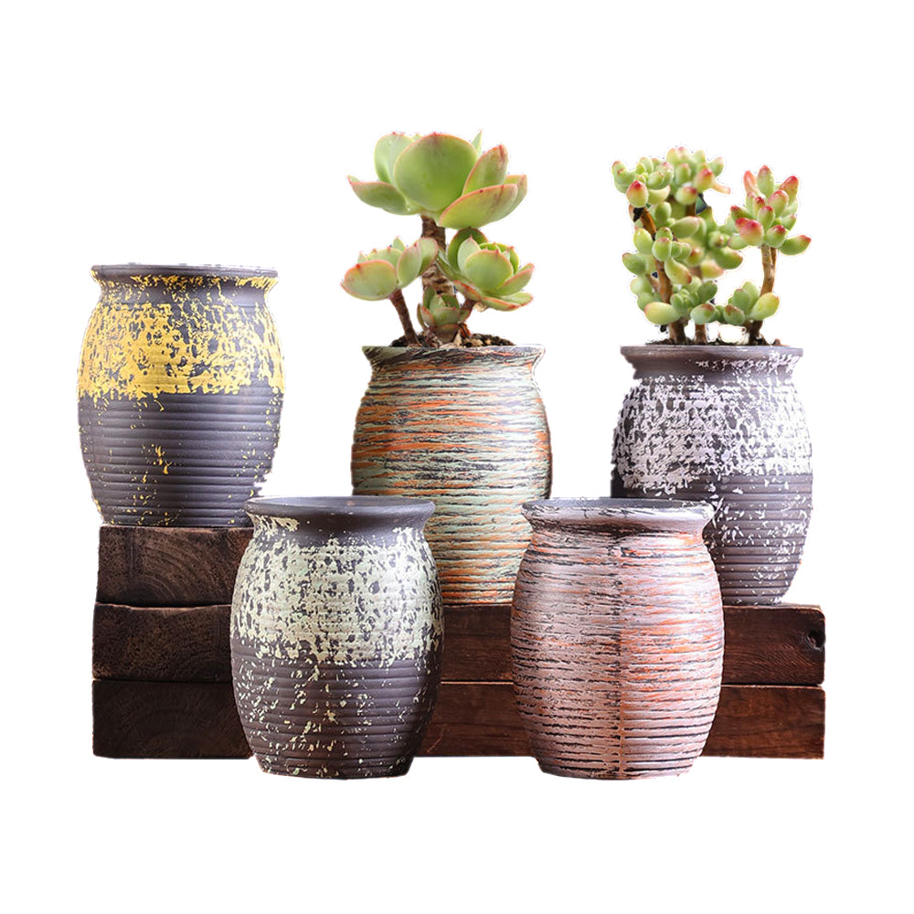 V462-HG-136-02-143295-02 Ceramic Clay Pottery Pots Set Succulent Flower Planter Series 02(Style 02# 5 Pots Set) - Image 1