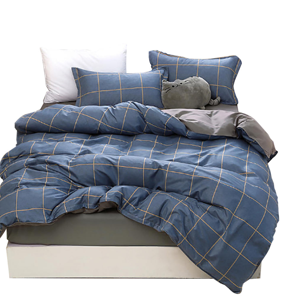 V462-HG-68-03-95915-00 Blue Plaid Pattern Aloe Cotton Flat Sheet Quilt Cover Pillowcases 4pcs Bedding Set Duvet Doona Quilt Cover Set (King) - Image 1