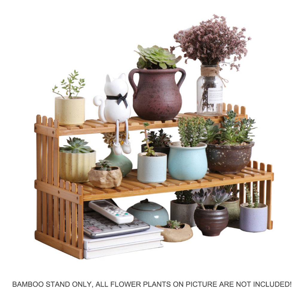 V462-HG-86-01-95914-00 2 Tier Bamboo Plant Stand Shelves Flower Pot Rack Garden Indoor Outdoor Patio - Image 1