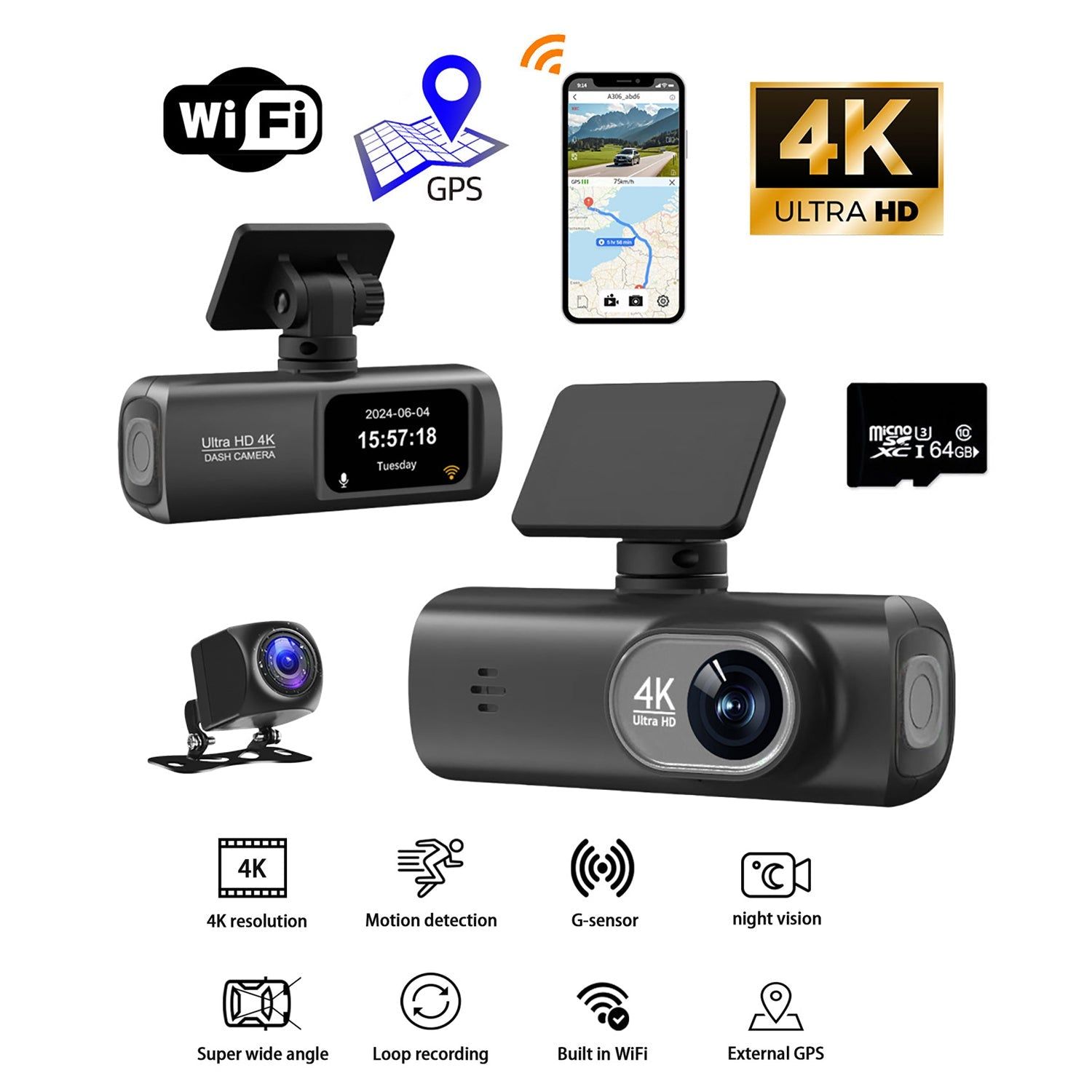 V462-TA-106-01-197282-00 4K Front and Rear Dual Dash Cam WiFi GPS Car Camera with 64GB SD Card - Image 1