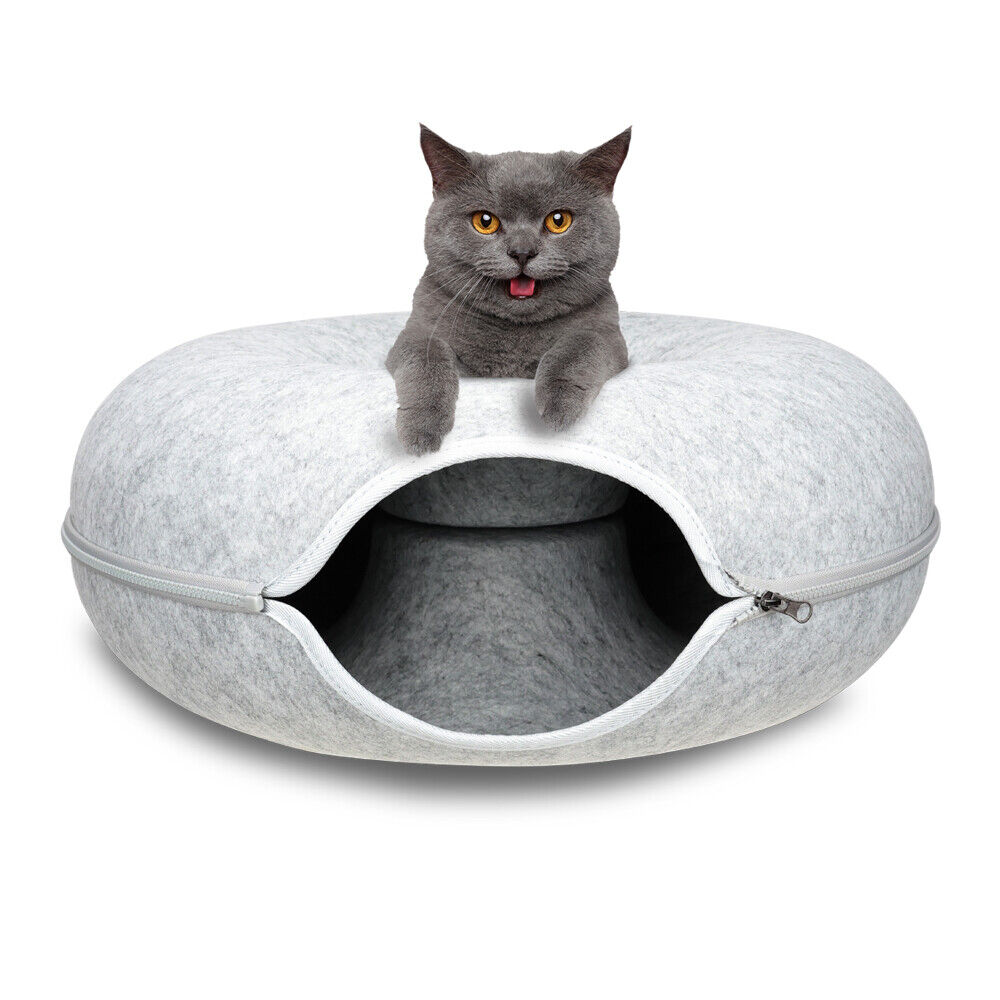 V465-26822-149167-00 59 x 29cm Cat Tunnel Bed Dark Grey Felt Pet Puppy Nest Cave Toy Light Grey - Image 1
