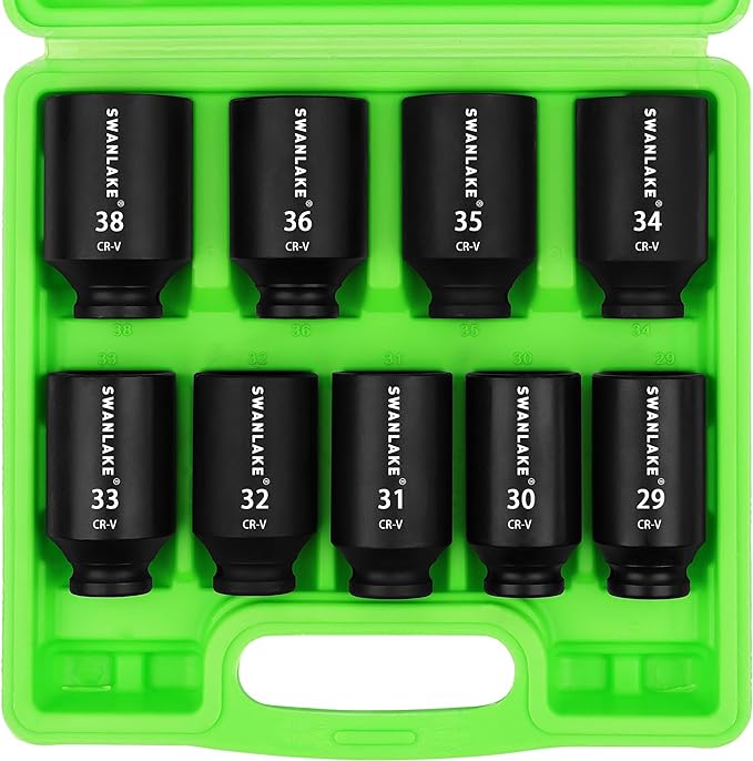 V465-66118-197099-00 SWANLAKE 9-Piece 1/2" Drive Jumbo Impact Socket Set, Metric 29mm-38mm Large Socksts Spindle Axle Nut Impact Socket, CR-V Black - Image 1