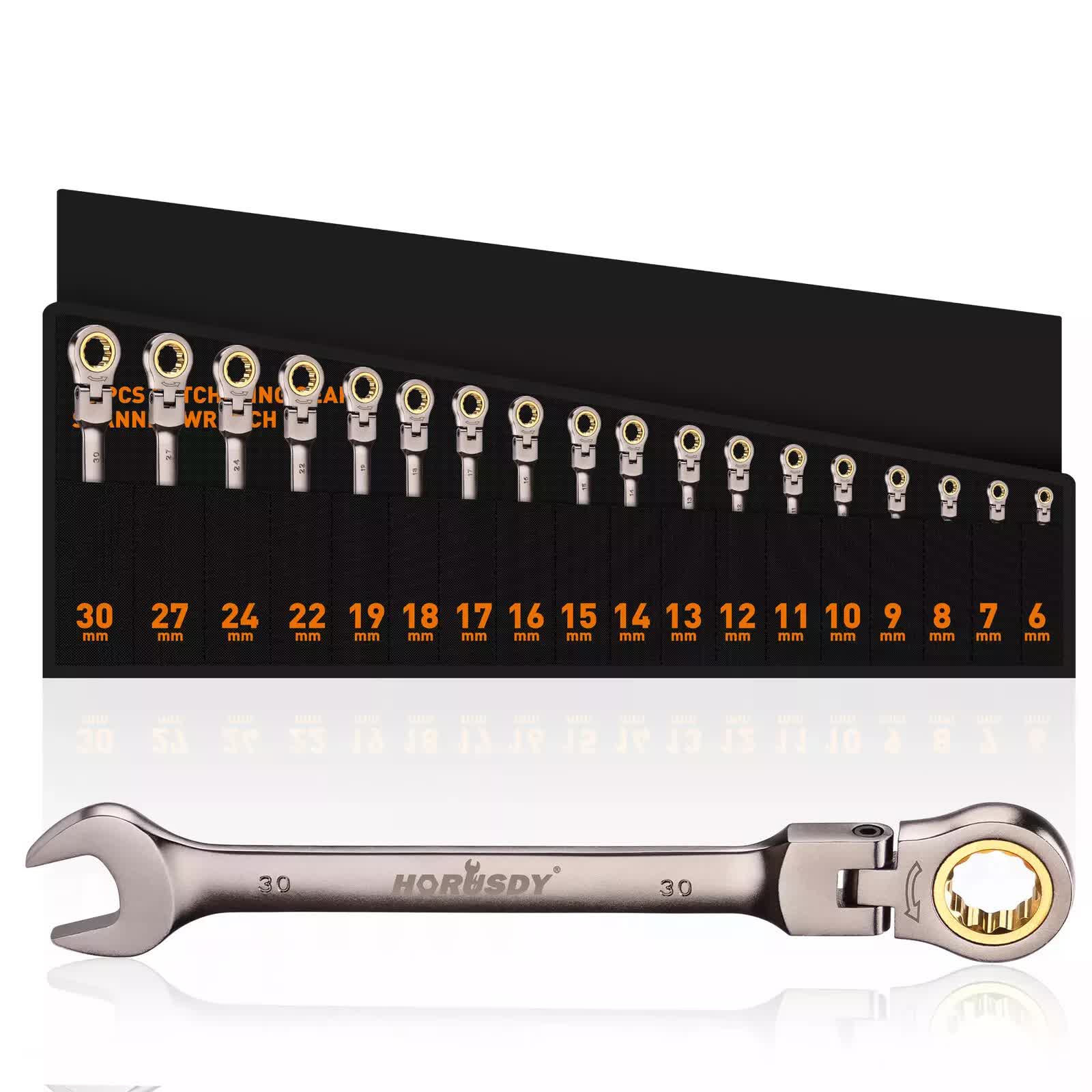 V465-86471-206859-00 HORUSDY 18Pc Flexi-Head Ratchet Spanner Set Metric 6-30mm Spanners Nickle Plated - Image 1