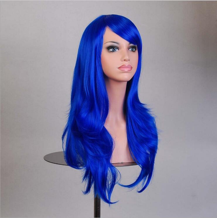 V474-15808-101000-00 70cm Wavy Curly Sleek Full Hair Lady Wigs w Side Bangs Cosplay Costume Womens, Royal Blue - Image 1