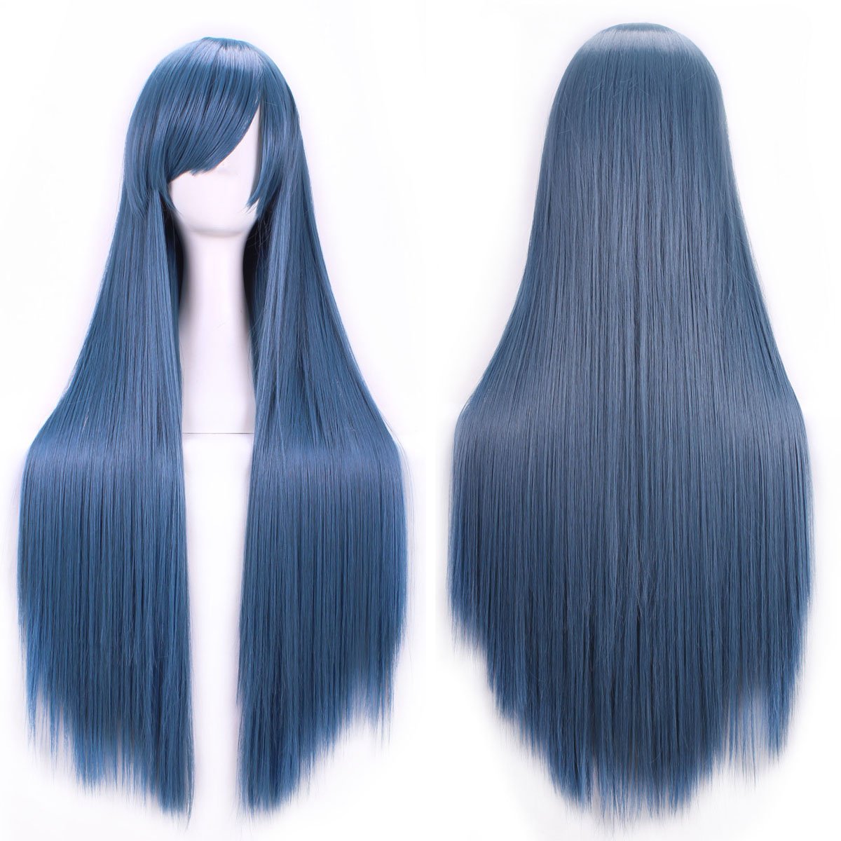 V474-18222-100961-00 New 80cm Straight Sleek Long Full Hair Wigs w Side Bangs Cosplay Costume Womens, Dusty Blue - Image 1