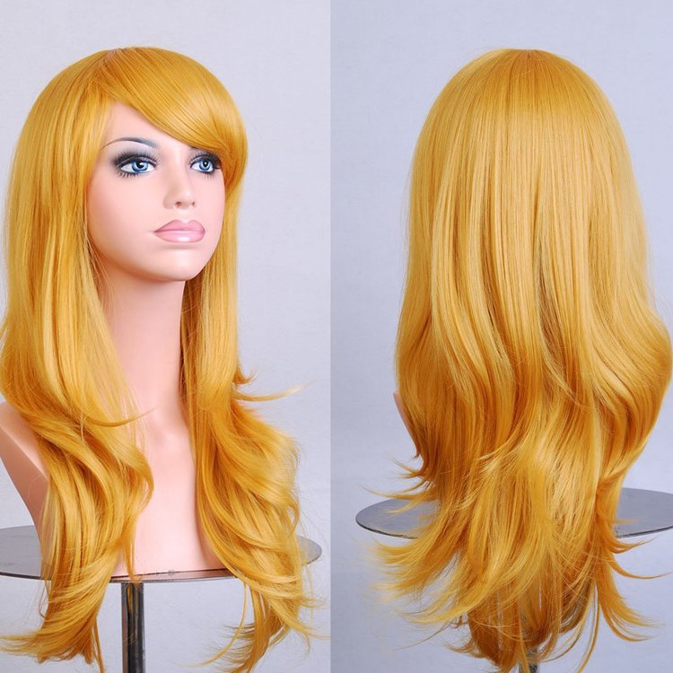 V474-206277-101006-00 70cm Wavy Curly Sleek Full Hair Lady Wigs w Side Bangs Cosplay Costume Womens, Golden Blonde - Image 1