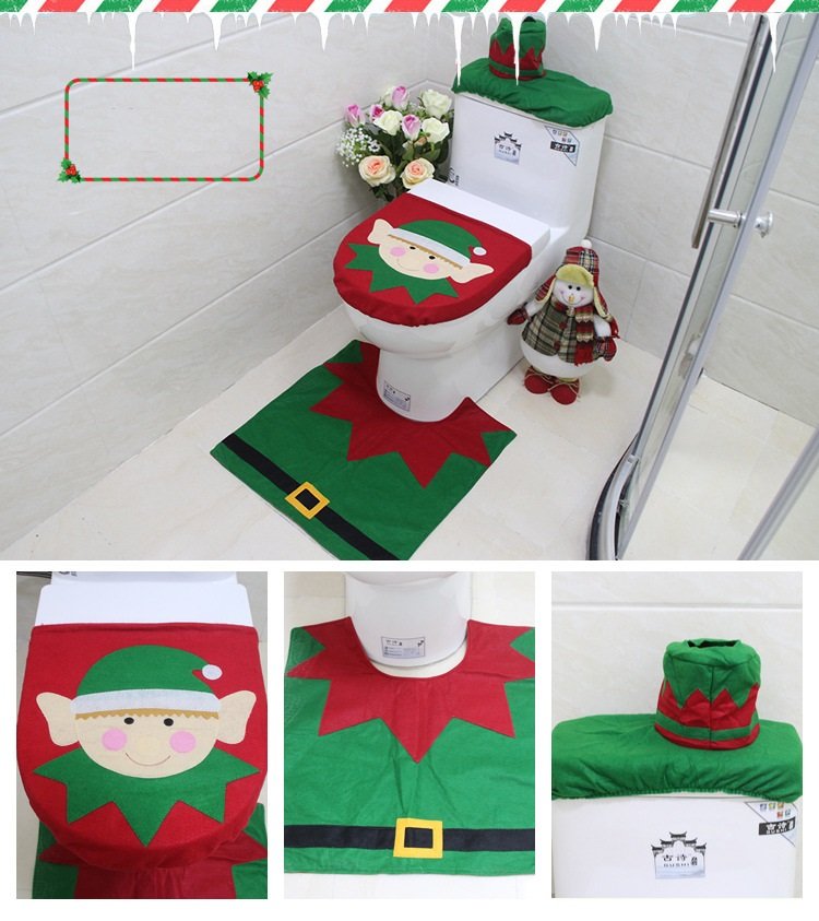 V474-207257-104085-00 4pcs Christmas Toilet Seat Cover Rug Bathroom Set Santa Snowman Xmas Home Décor, Elf - Image 1