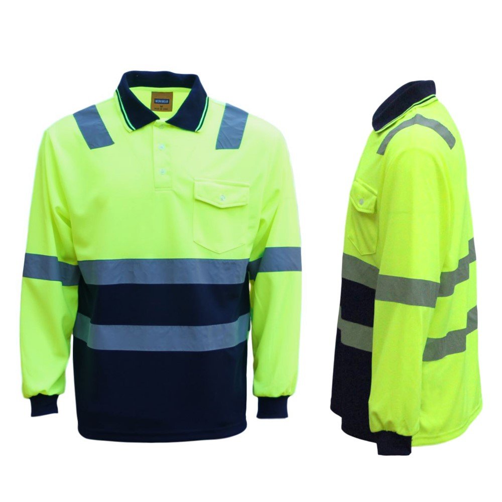 V474-210992-103203-00 HI VIS Long Sleeve Workwear Shirt w Reflective Tape Cool Dry Safety Polo 2 Tone, Fluoro Yellow /Navy, XL - Image 1