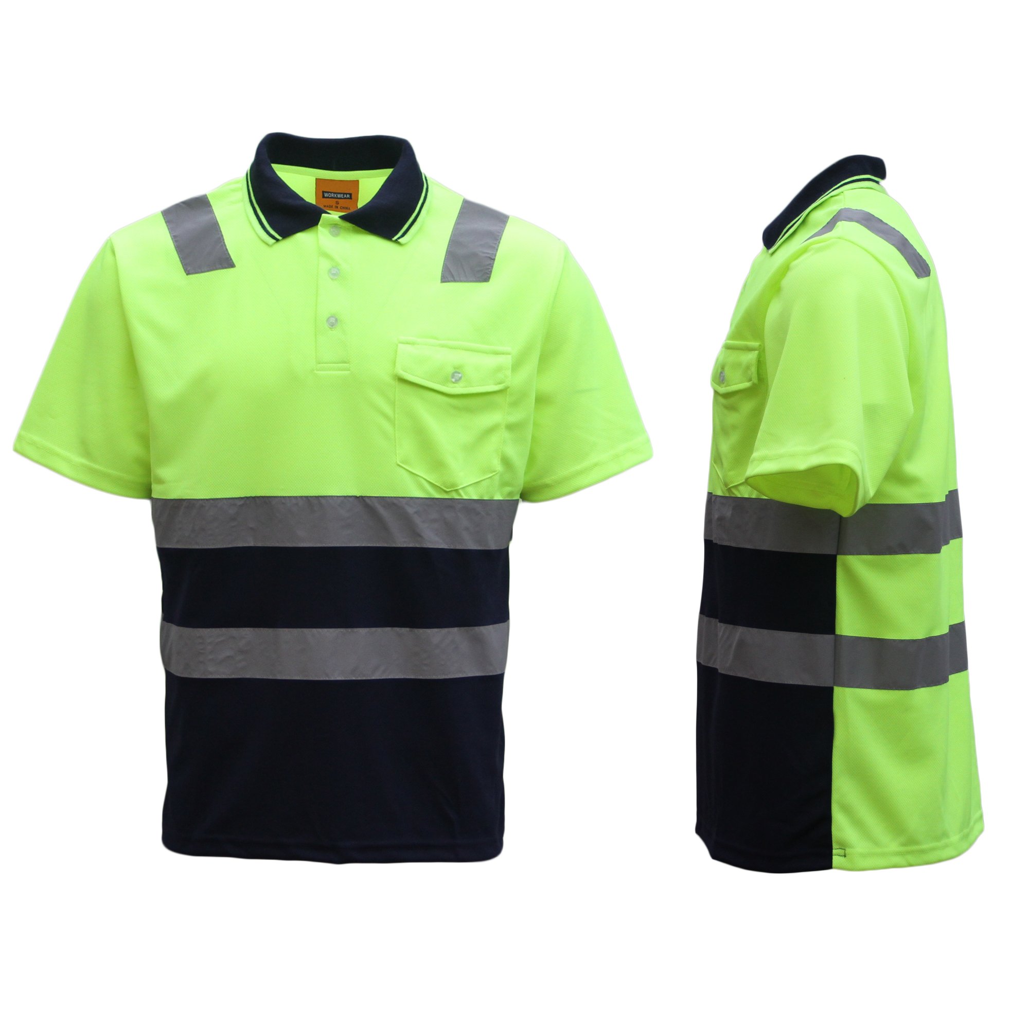 V474-212973-103439-00 HI VIS Short Sleeve Workwear Shirt w Reflective Tape Cool Dry Safety Polo 2 Tone, Fluoro Yellow / Navy, XL - Image 1