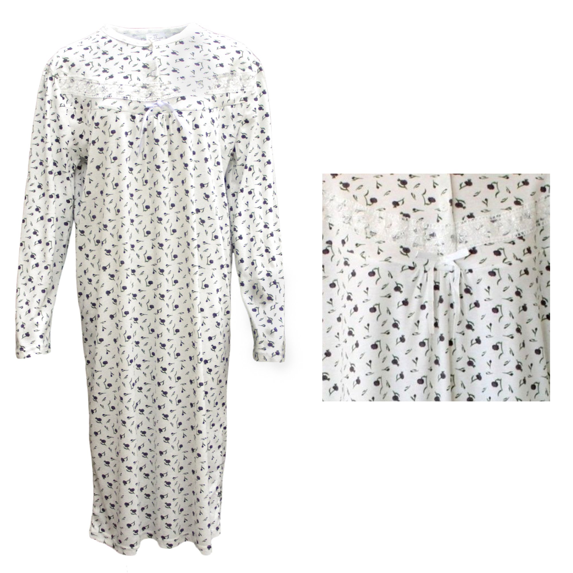 V474-214709-101701-00 100% Cotton Women Nightie Night Gown Pajamas Pyjamas Winter Sleepwear PJs Dress, Purple Flowers, 22 - Image 1