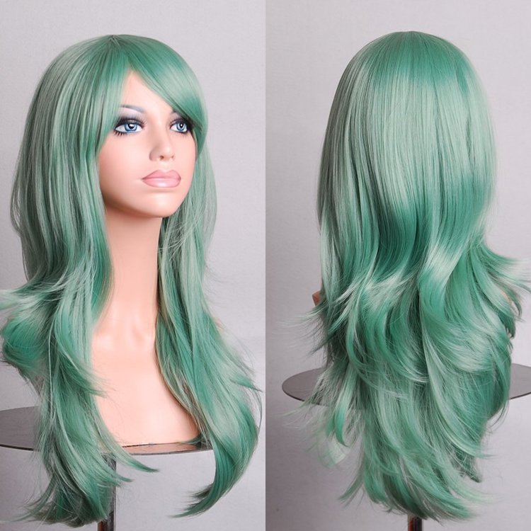 V474-231293-101008-00 70cm Wavy Curly Sleek Full Hair Lady Wigs w Side Bangs Cosplay Costume Womens, Jade - Image 1