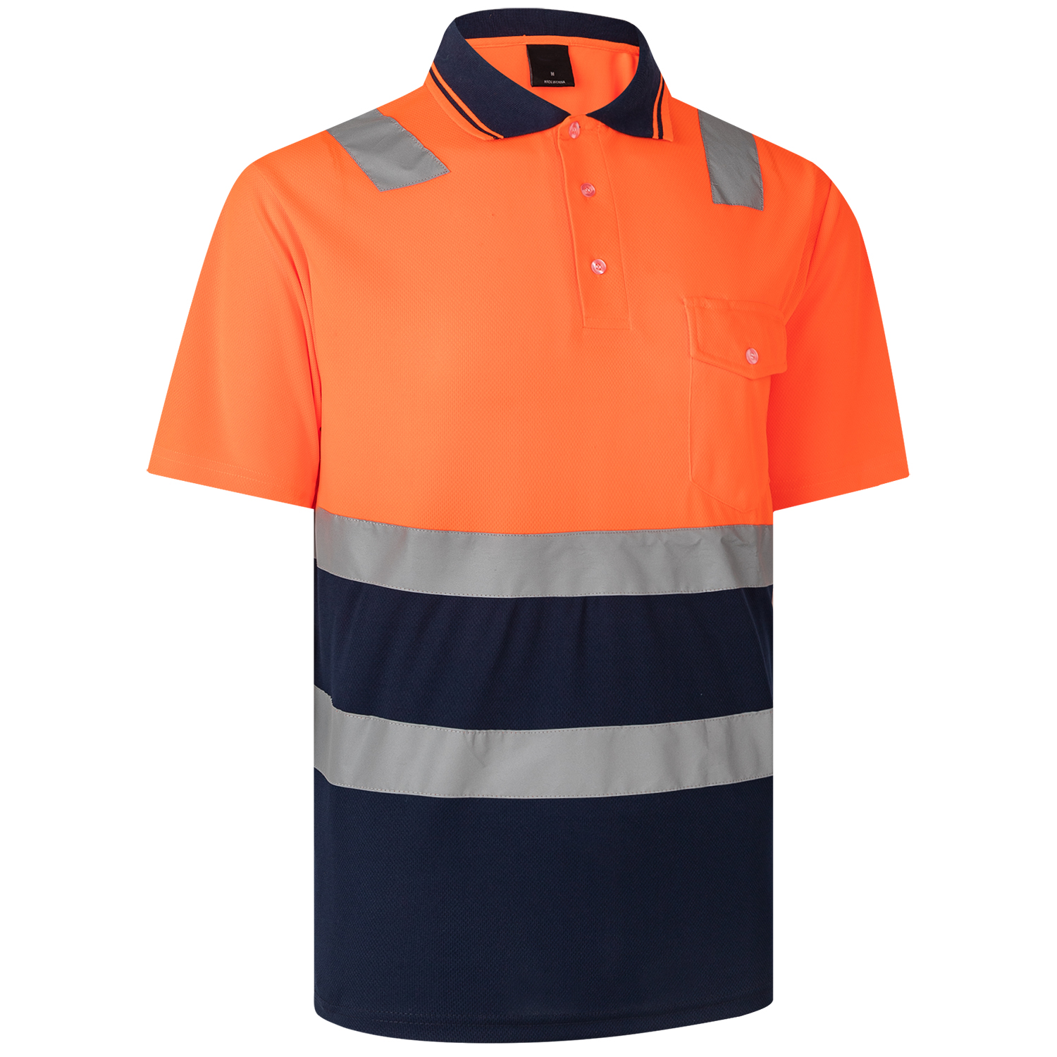 V474-248111-103437-00 HI VIS Short Sleeve Workwear Shirt w Reflective Tape Cool Dry Safety Polo 2 Tone, Fluoro Orange / Navy, 3XL - Image 1