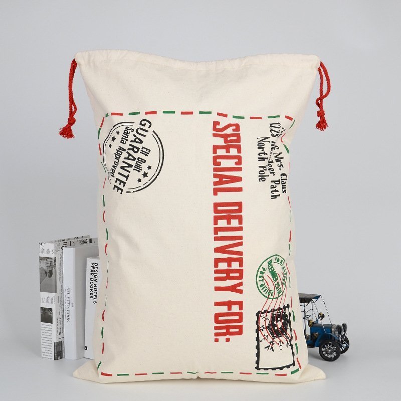 V474-291892-101281-00 50x70cm Canvas Hessian Christmas Santa Sack Xmas Stocking Reindeer Kids Gift Bag, Cream - Special Delivery - Image 1