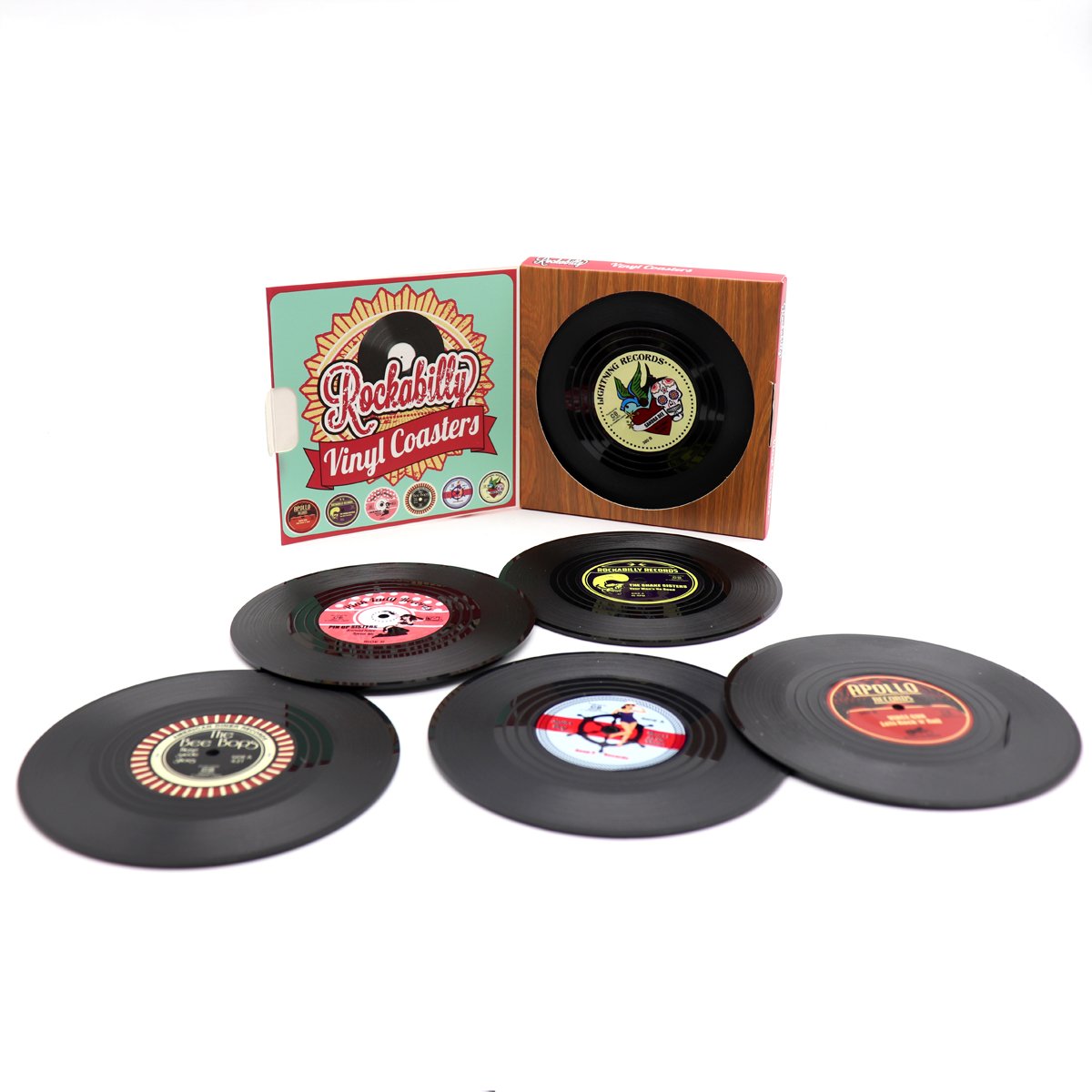 V474-393865-103183-00 6x Creative Vinyl Record Cup Coasters Glass Drink Tableware Home Décor, Rockabilly - Image 1