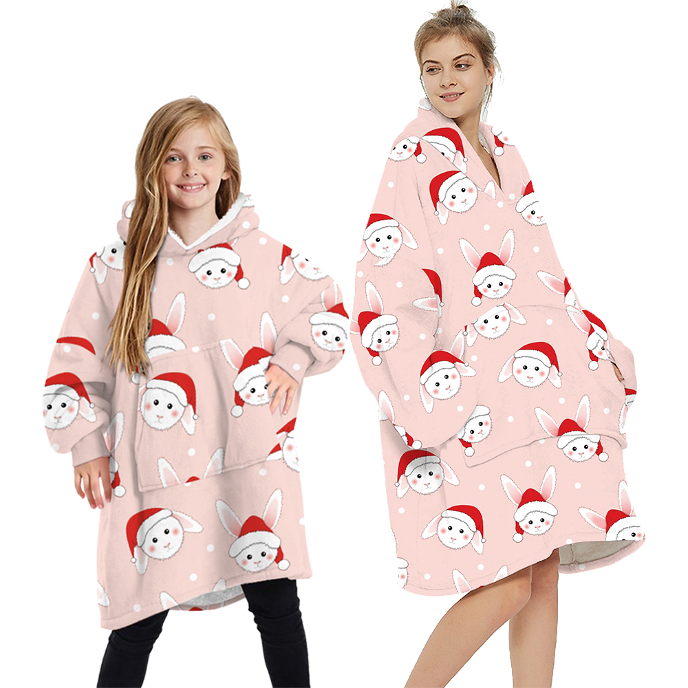 V474-438932-103582-00 Oversized Soft Pullover Plain Hoodie Warm Fleece Blanket Plush Winter Sweatshirt, Christmas Bunny, Adult - Image 1