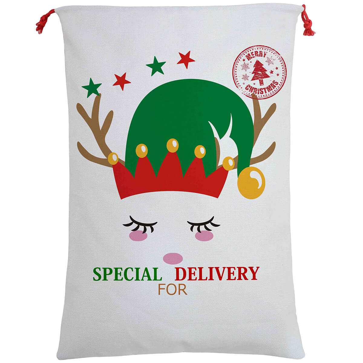 V474-462279-101345-00 50x70cm Canvas Hessian Christmas Santa Sack Xmas Stocking Reindeer Kids Gift Bag, Cream - Cute Reindeer Delivery - Image 1