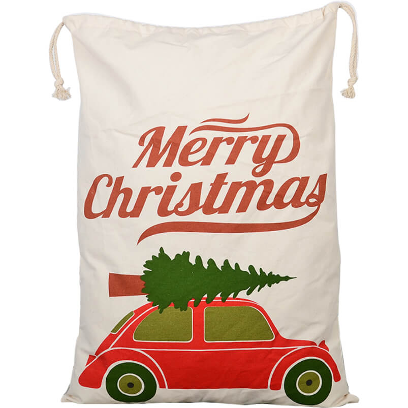 V474-462308-102906-00 Large Christmas XMAS Hessian Santa Sack Stocking Bag Reindeer Children Gifts Bag, Cream - Christmas Tree On Car - Image 1