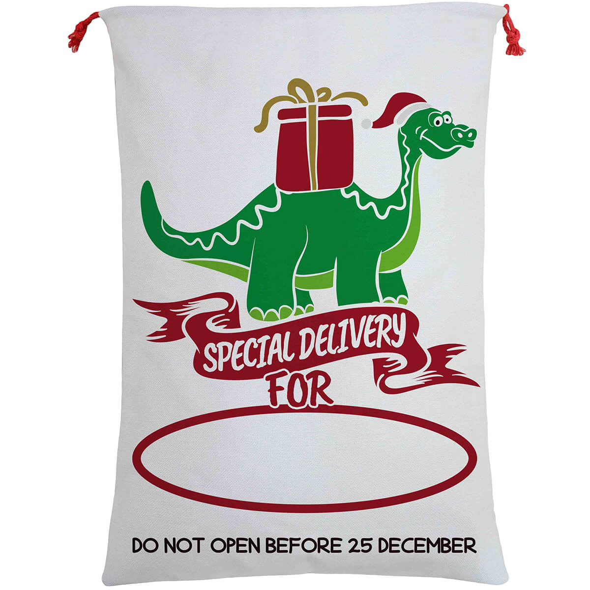 V474-462320-102663-00 Large Christmas XMAS Hessian Santa Sack Stocking Bag Reindeer Children Gifts Bag, Special Delivery By Dinosaur - Image 1