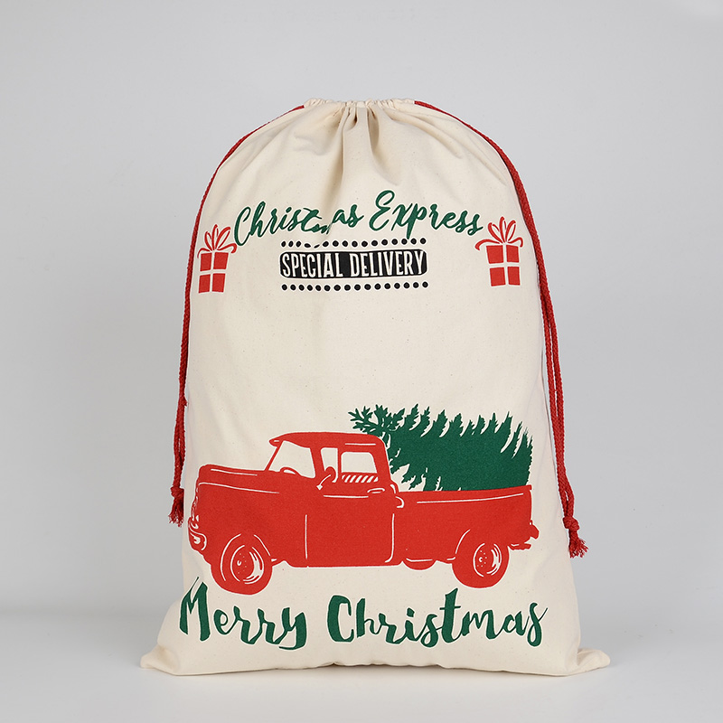 V474-546959-101398-00 50x70cm Canvas Hessian Christmas Santa Sack Xmas Stocking Reindeer Kids Gift Bag, Cream - Car Gift Express - Image 1