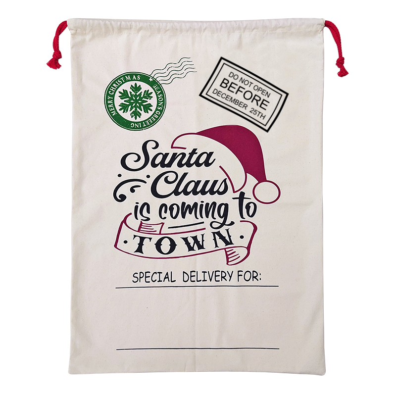 V474-546964-101408-00 50x70cm Canvas Hessian Christmas Santa Sack Xmas Stocking Reindeer Kids Gift Bag, Cream - Santa Coming To Town - Image 1