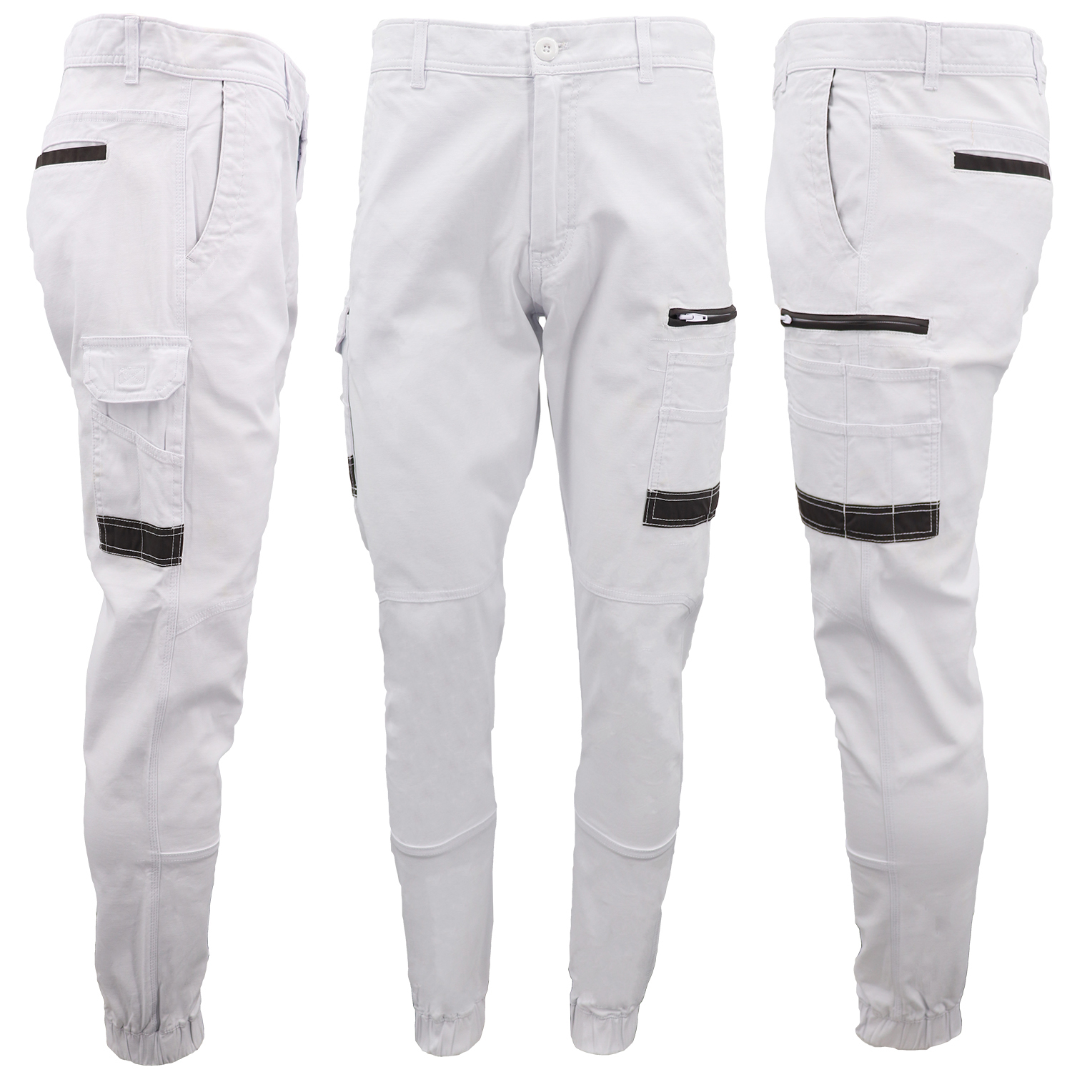 V474-578168-202505281225-00 Men's Cargo Cotton Drill Work Pants UPF 50+ 13 Pockets Tradies Workwear Trousers, White, 28 - Image 1