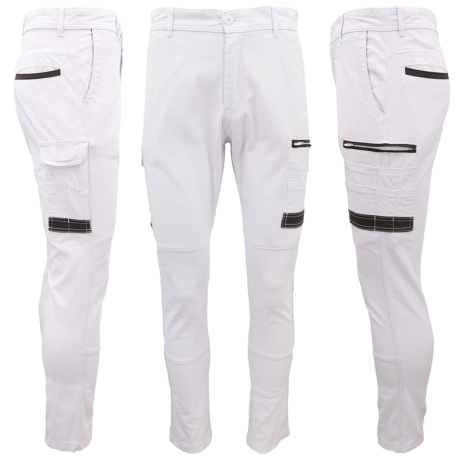 V474-578422-202505281226-00 Men's Cotton Drill Cargo Work Pants UPF 50+ 13 Pockets Tradies Workwear Trousers, White, 34 - Image 1
