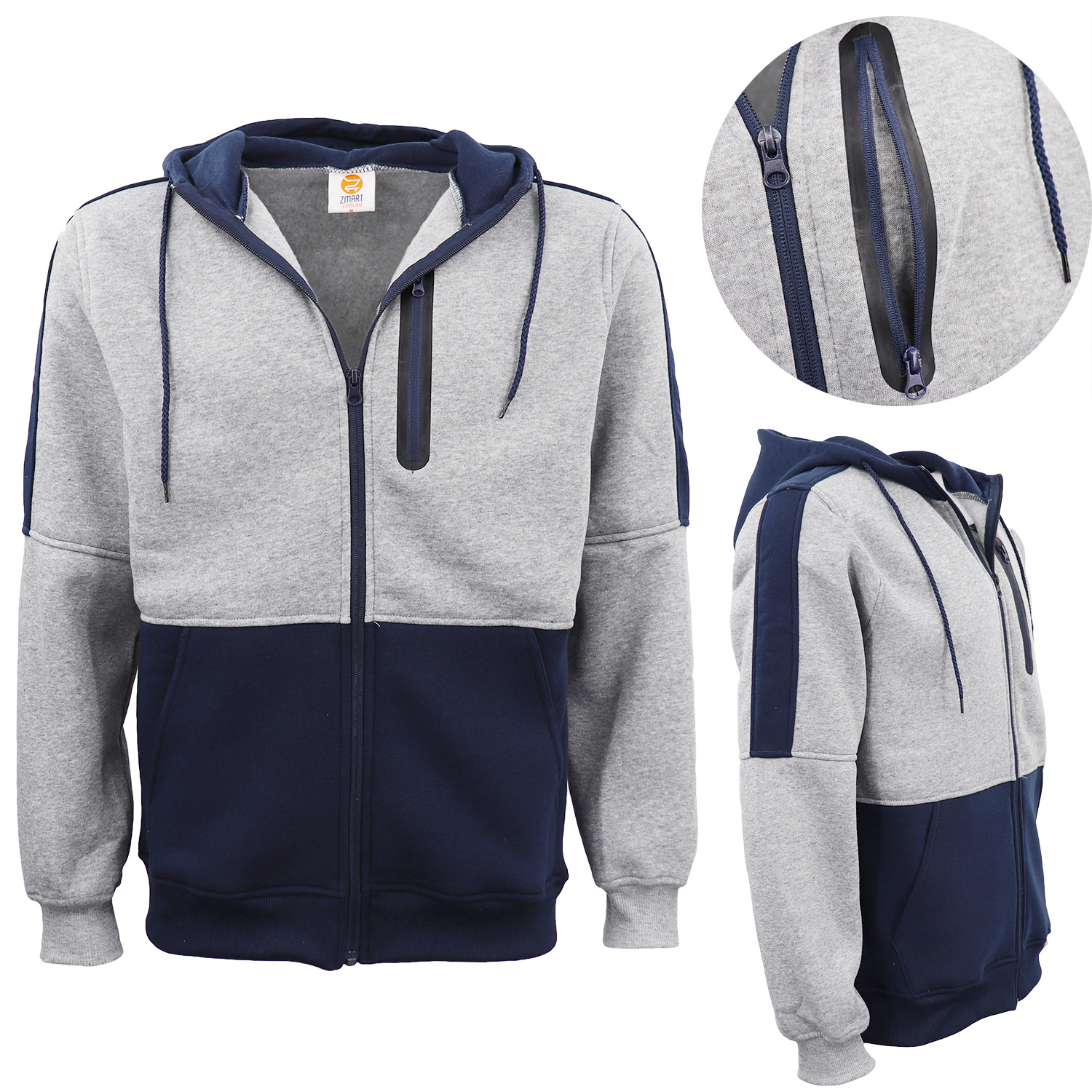 V474-604570-104059-00 Men's Adult Full Zip Hoodie Jumper Active Two-Tone Jacket Coat Sports Zip Pocket, Navy, S - Image 1