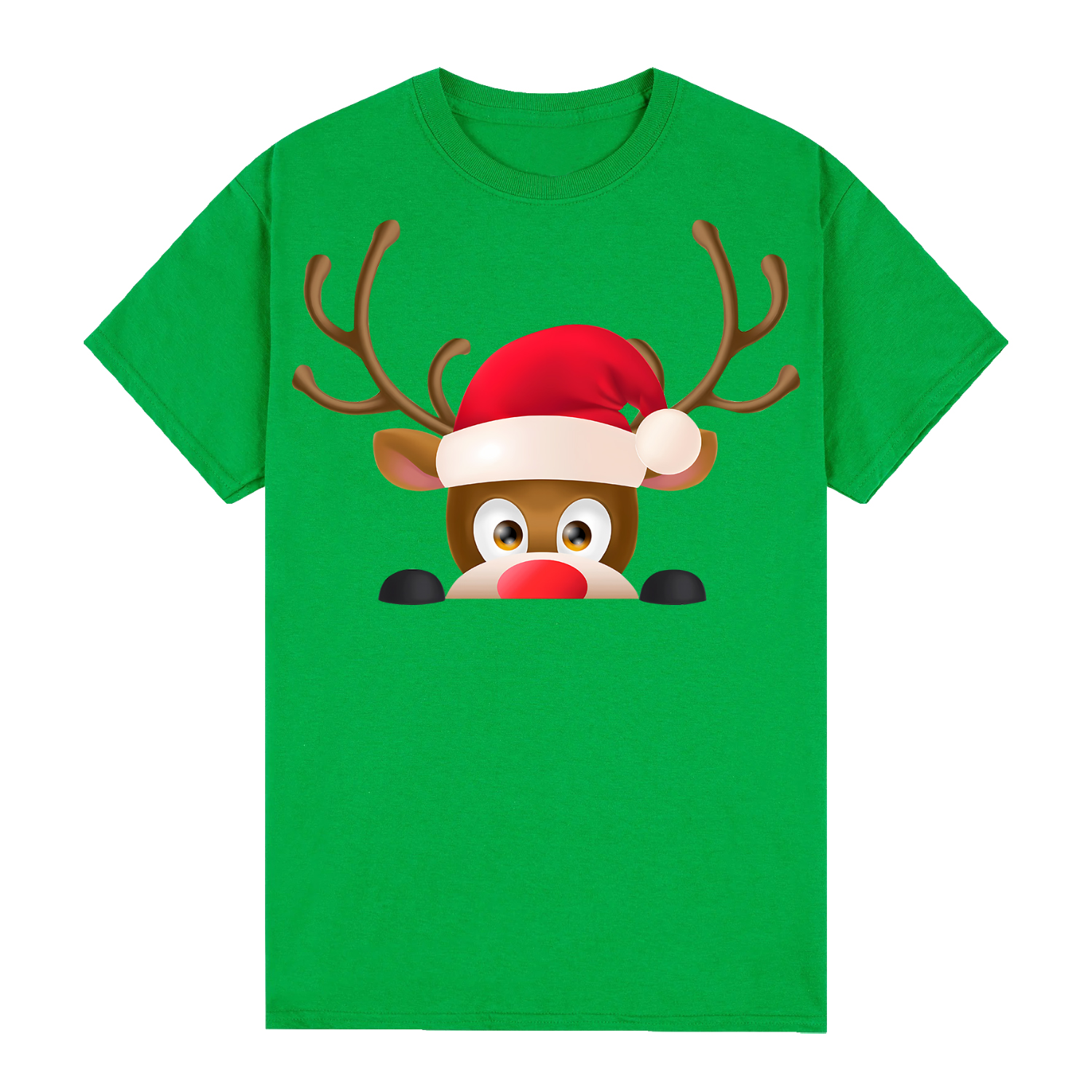 V474-626528-99388-00 100% Cotton Christmas T-shirt Adult Unisex Tee Tops Funny Santa Party Custume, Reindeer Head (Green), L - Image 1