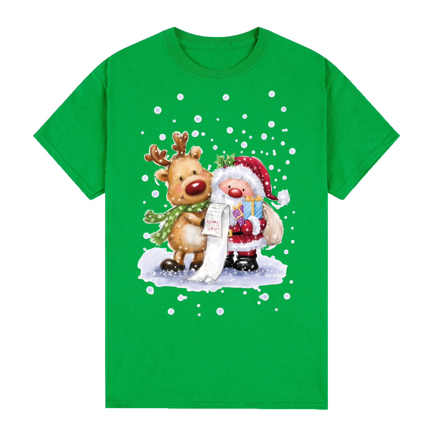 V474-626540-99408-00 100% Cotton Christmas T-shirt Adult Unisex Tee Tops Funny Santa Party Custume, Reading Santa (Green), L - Image 1