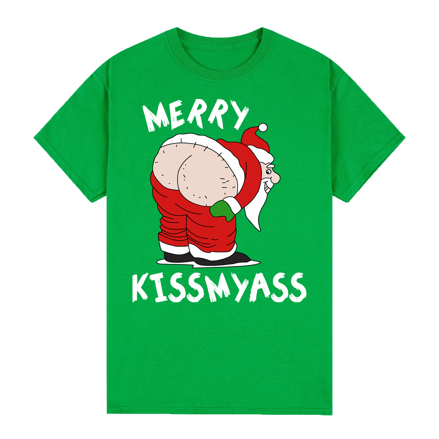 V474-626553-99429-00 100% Cotton Christmas T-shirt Adult Unisex Tee Tops Funny Santa Party Custume, Merry Kissmyass (Green), XL - Image 1