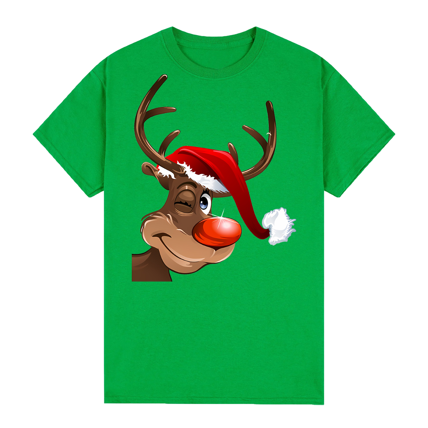 V474-626567-99451-00 100% Cotton Christmas T-shirt Adult Unisex Tee Tops Funny Santa Party Custume, Reindeer Wink (Green), 3XL - Image 1