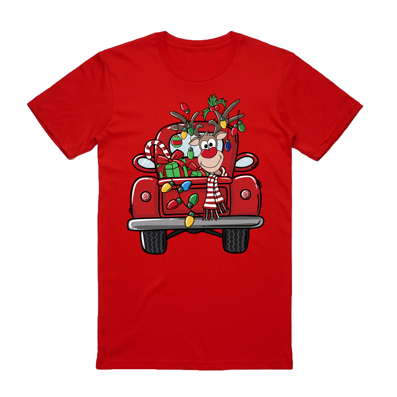 V474-626573-99724-00 100% Cotton Christmas T-shirt Adult Unisex Tee Tops Funny Santa Party Custume, Car with Reindeer (Red), 3XL - Image 1