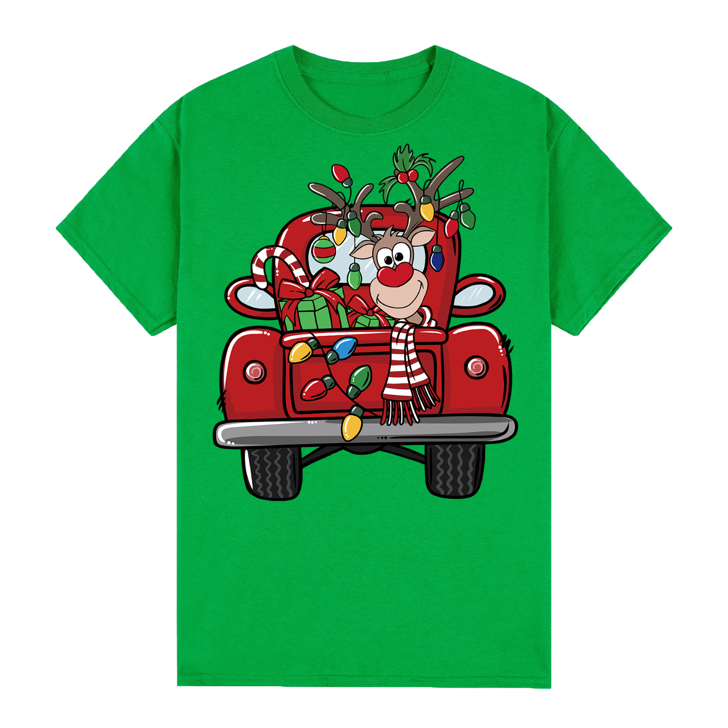 V474-626575-99728-00 100% Cotton Christmas T-shirt Adult Unisex Tee Tops Funny Santa Party Custume, Car with Reindeer (Green), M - Image 1
