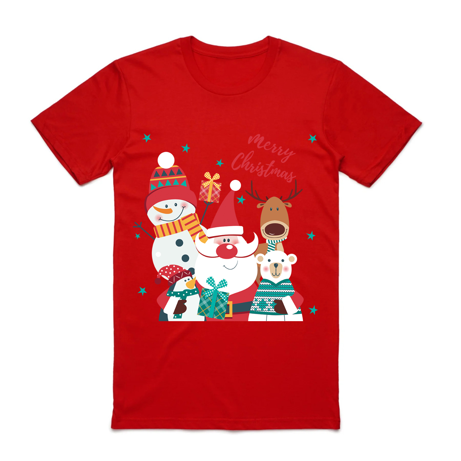 V474-626619-99883-00 100% Cotton Christmas T-shirt Adult Unisex Tee Tops Funny Santa Party Custume, Santa Gathering (Red), XL - Image 1