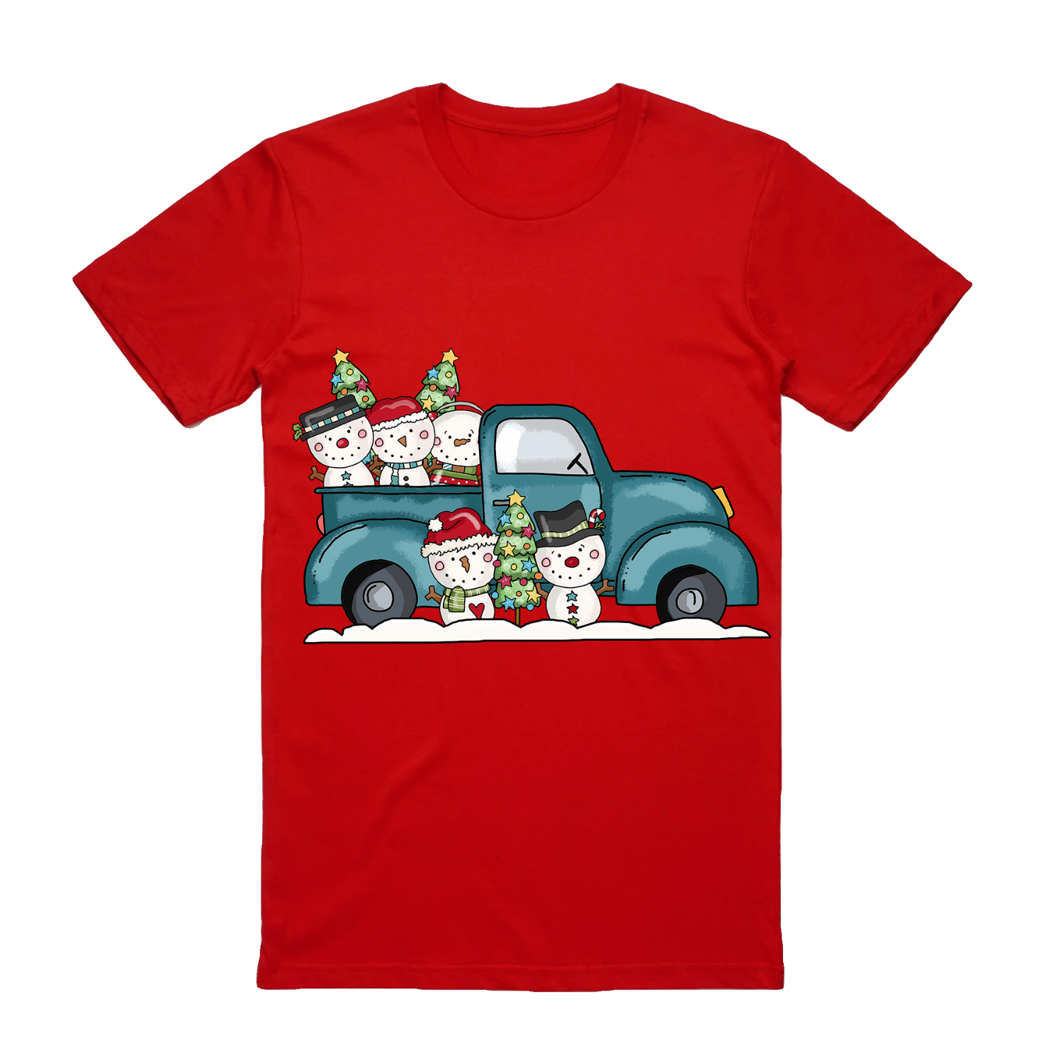V474-626668-100026-00 100% Cotton Christmas T-shirt Adult Unisex Tee Tops Funny Santa Party Custume, Car with Snowman (Red), 2XL - Image 1
