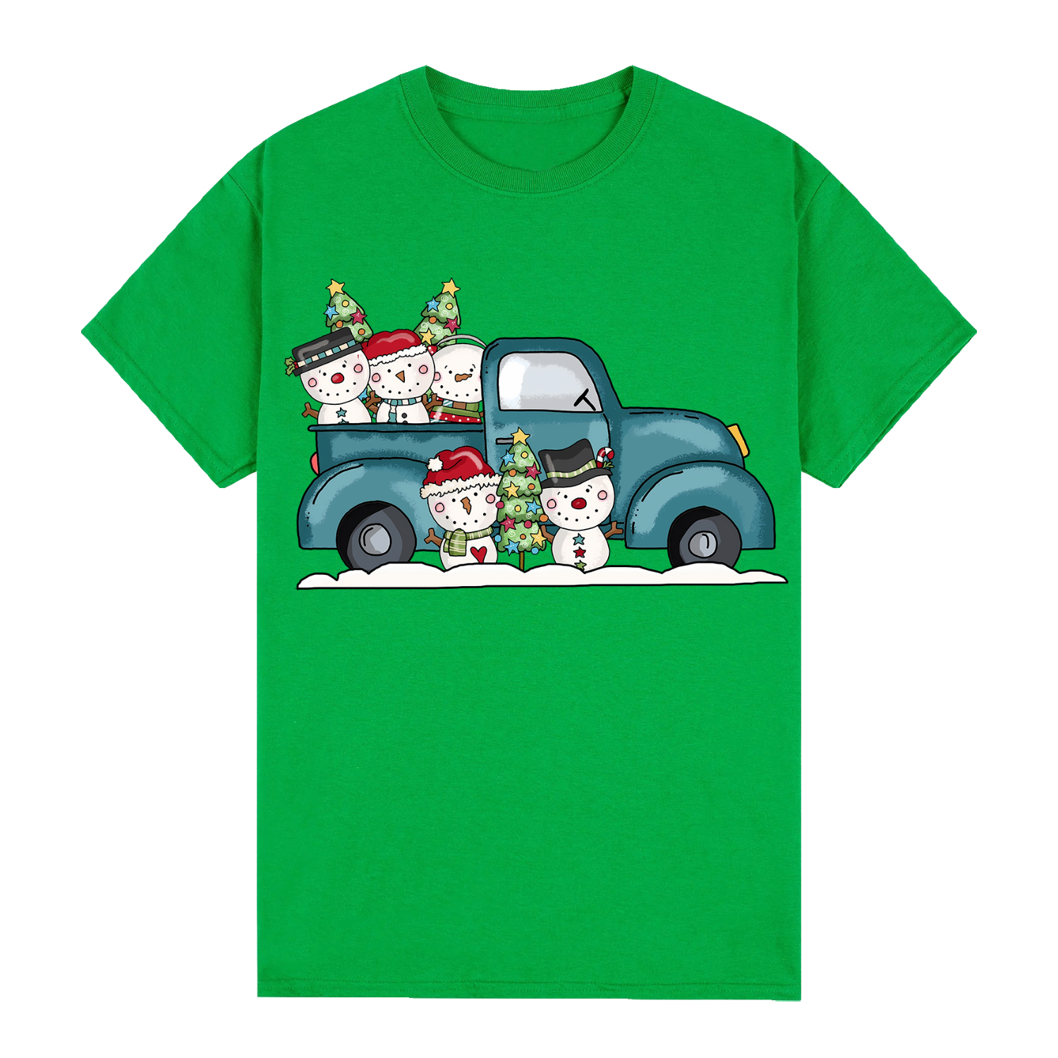 V474-626673-100031-00 100% Cotton Christmas T-shirt Adult Unisex Tee Tops Funny Santa Party Custume, Car with Snowman (Green), XL - Image 1