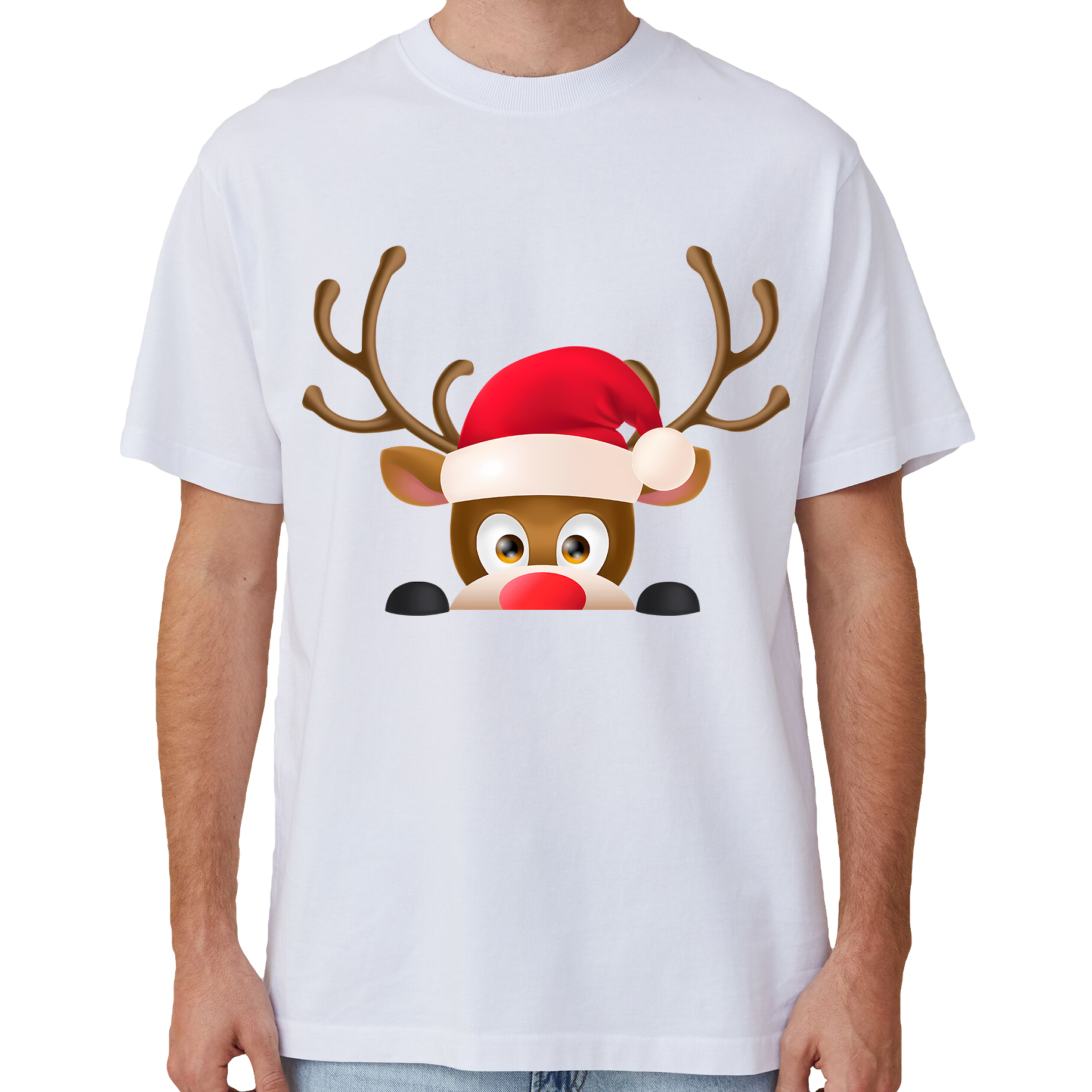 V474-633808-141875-00 100% Cotton Christmas T-shirt Adult Unisex Tee Tops Funny Santa Party Custume, Reindeer Head (White), 2XL - Image 1