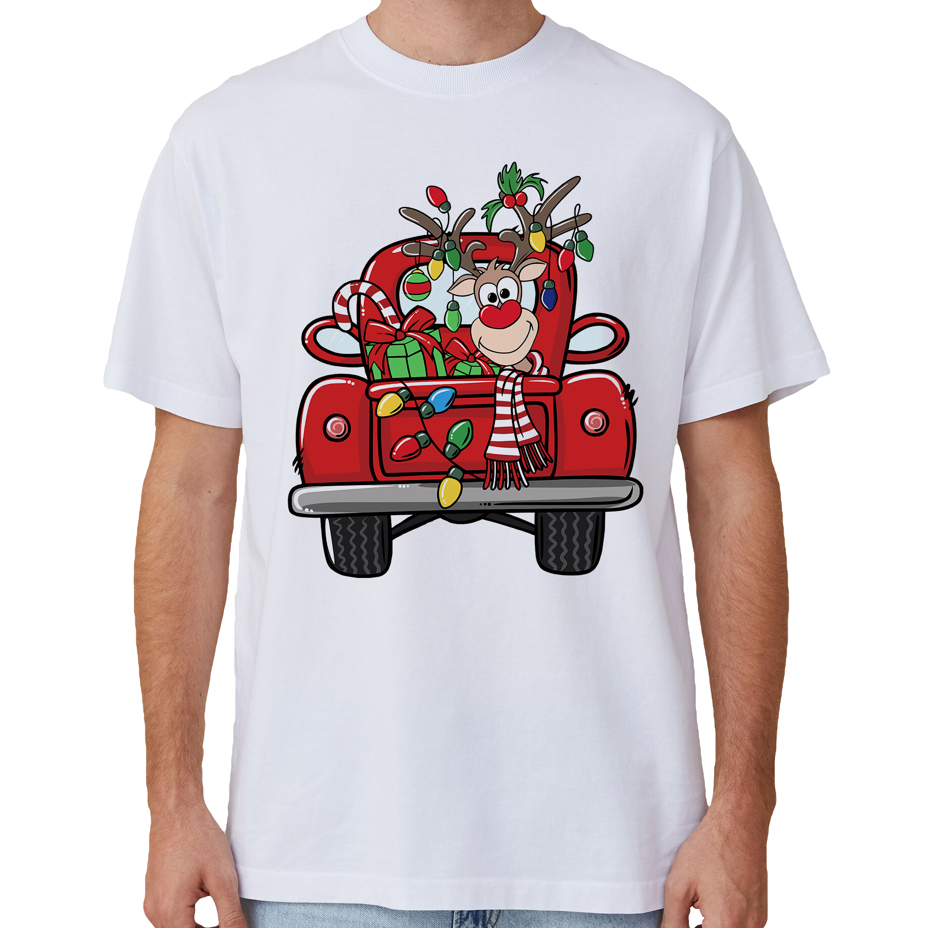 V474-633829-141865-00 100% Cotton Christmas T-shirt Adult Unisex Tee Tops Funny Santa Party Custume, Car with Reindeer (White), M - Image 1