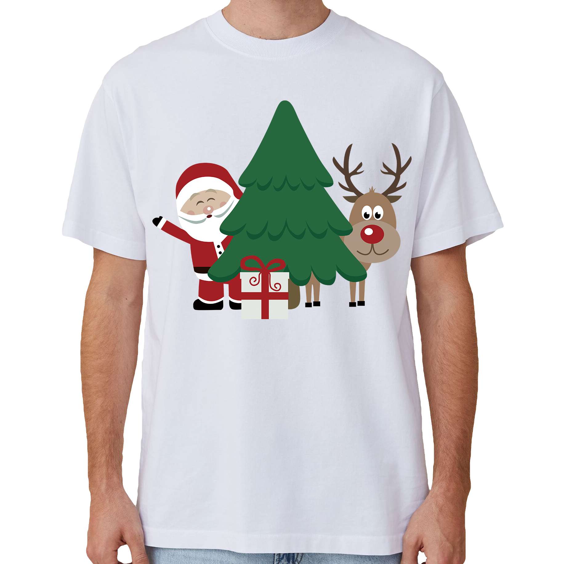 V474-633866-141847-00 100% Cotton Christmas T-shirt Adult Unisex Tee Tops Funny Santa Party Custume, Santa with Tree (White), M - Image 1
