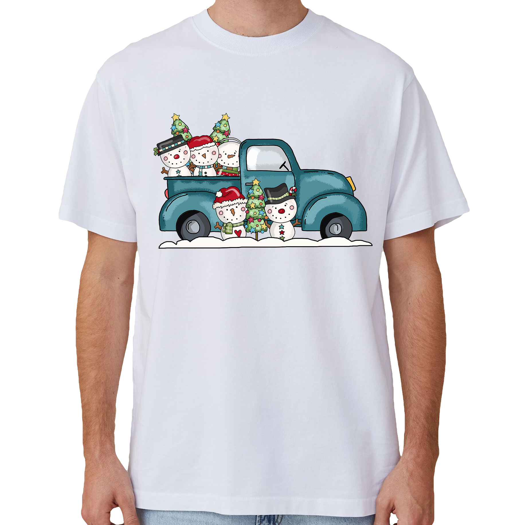 V474-633878-202503241146-00 100% Cotton Christmas T-shirt Adult Unisex Tee Tops Funny Santa Party Custume, Car with Snowman (White), S - Image 1