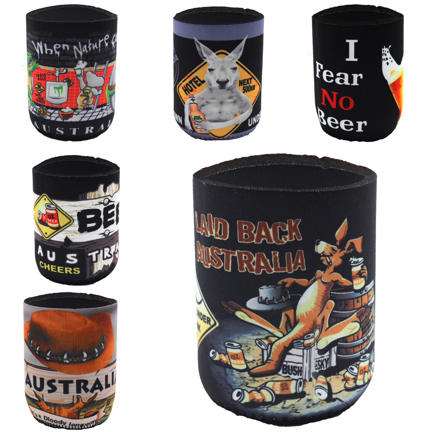 V474-654616-161137-00 6x Australia Stubby Stubbie Holder Beer Bottle Tin Can Drink Alcohol Cooler Gift, Mixed Design (Fun) - Image 1