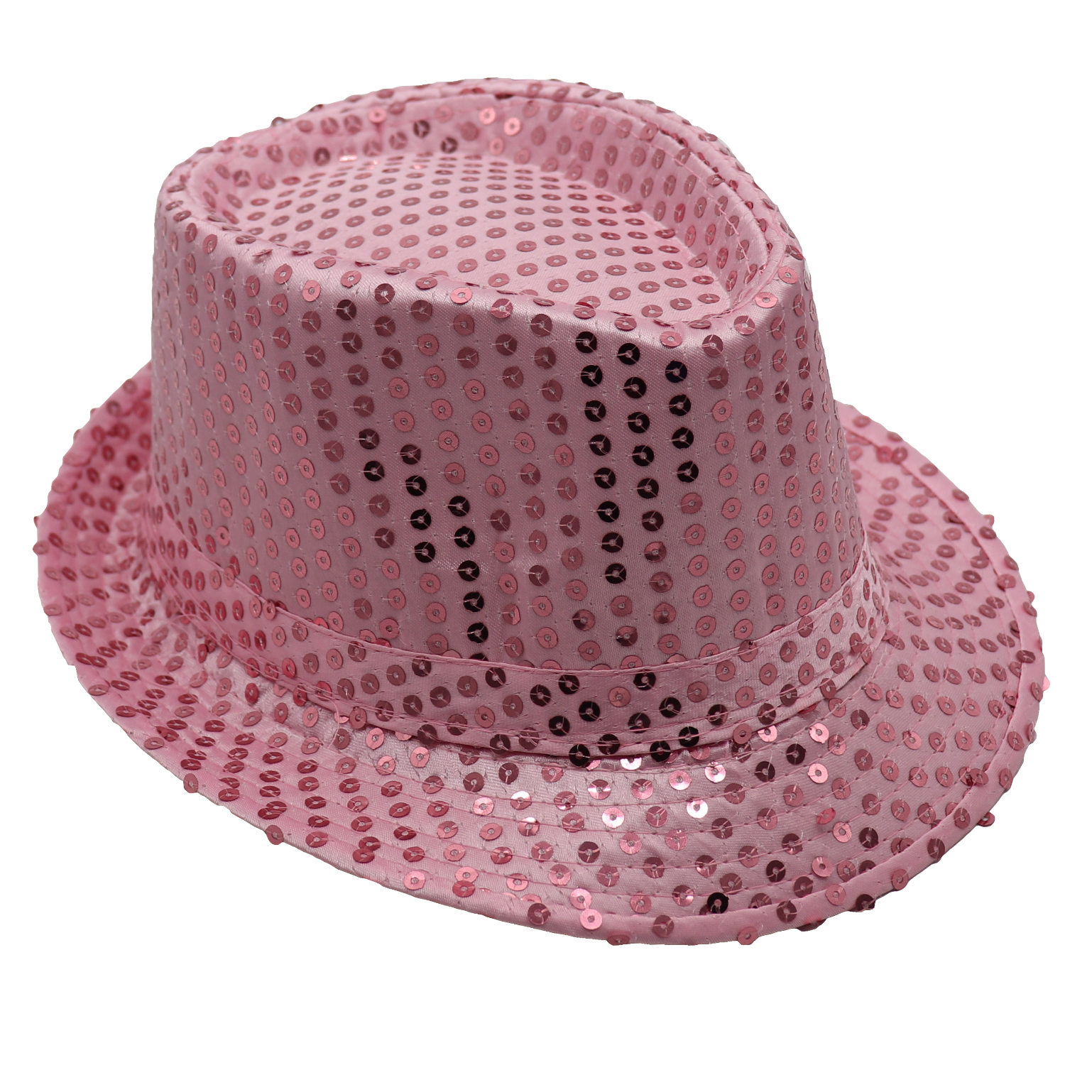 V474-655218-161131-00 Adults Kids Unisex Sequin Fedora Hat Dance Cap Solid Jazz Party Glitter Costume, Pink - Image 1