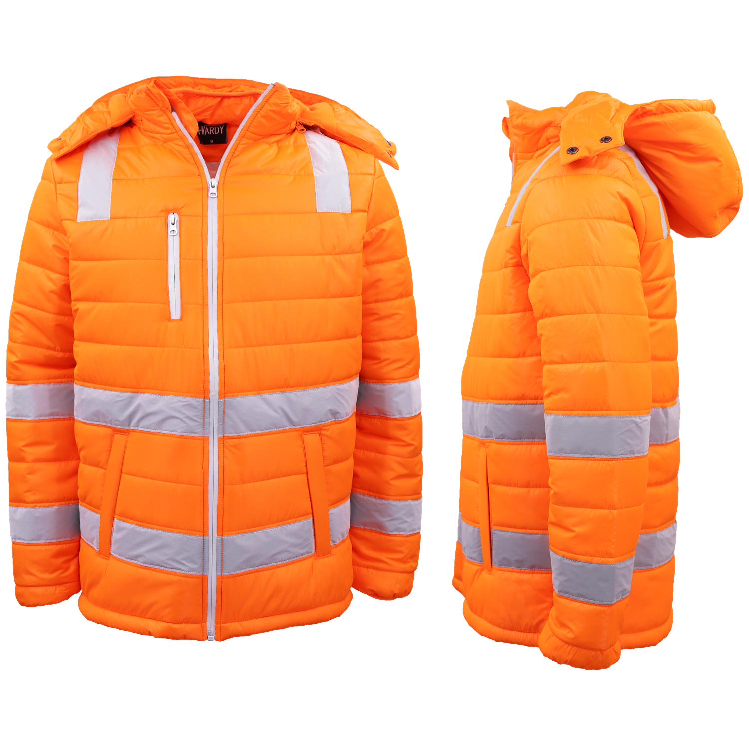 V474-677716-202505281240-00 HI VIS Puffer Safety Jacket Reflective Tape Removable Hood Zip Pocket Puffy Coat, Fluro Orange, 5XL - Image 1