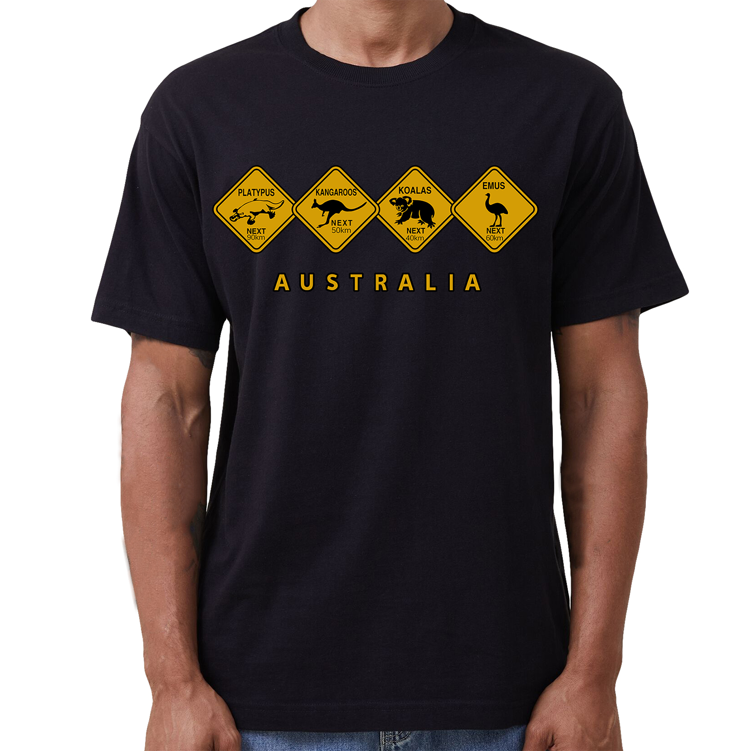V474-687124-202503201041-00 Adult Unisex 100% Cotton T Shirt Australia Wildlife Road Sign Souvenir Tee Tops, Black, S - Image 1