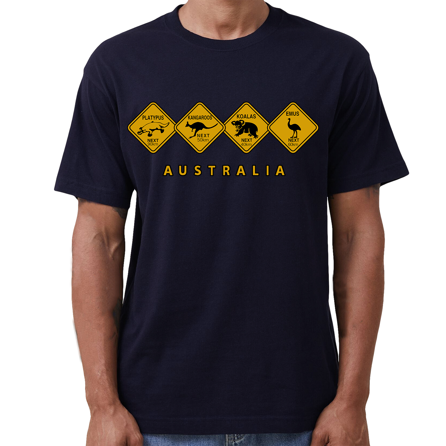 V474-687136-202504011240-00 Adult Unisex 100% Cotton T Shirt Australia Wildlife Road Sign Souvenir Tee Tops, Navy, S - Image 1