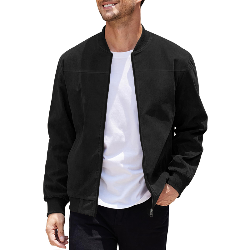 Version 1.0.0 Men's Varsity Bomber Flight Jacket Breathable Windbreaker Zip Coat Faux Leather, Black, L - Image 1