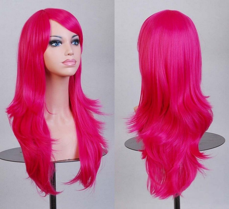 V474-7563-100967-00 70cm Wavy Curly Sleek Full Hair Lady Wigs w Side Bangs Cosplay Costume Womens, Hot Pink - Image 1